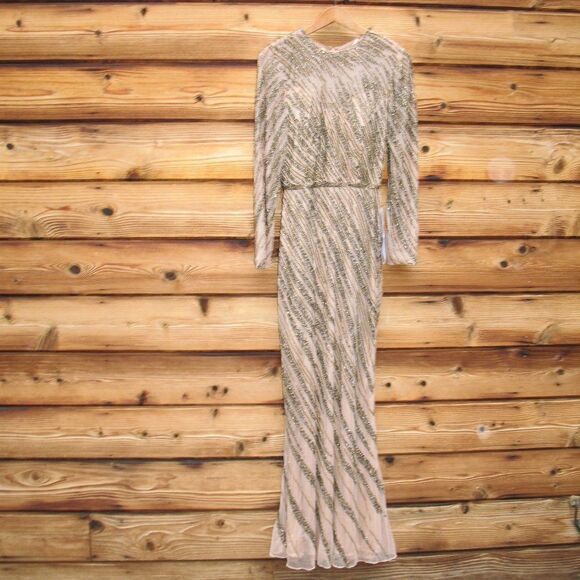 Mac Duggal Long Sleeve Beaded Column Gown Dress Mocha Size 4 - Picture 7 of 14